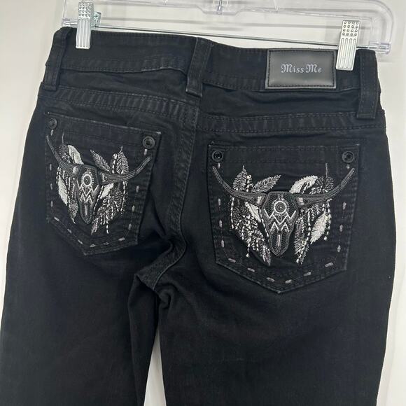 VTG y2k Women's Black Denim Low Rise Miss Me Western Feather Bootcut Jeans Sz 25 - Picture 6 of 7
